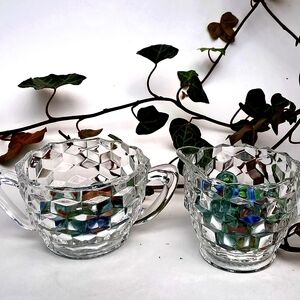 30s Depression Glass 1930s Sugar Bowl Creamer Cube Clear Set Jeannette Glass Co.